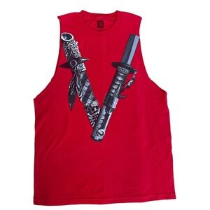 Red sleeveless crewneck tee‎ WWE Shinsuke Nakamura katana graphic. 100% cotton.